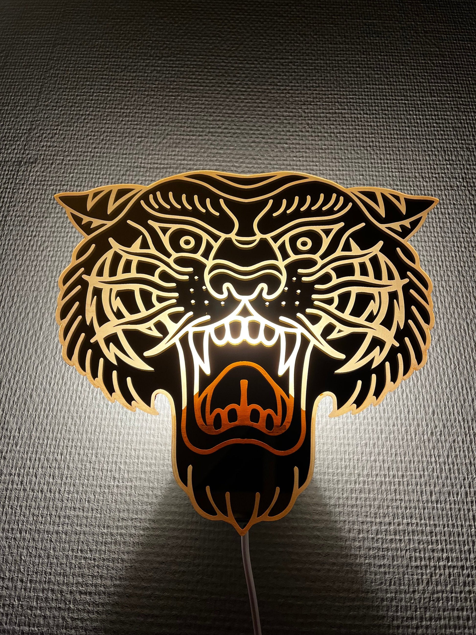 Tattoo Tiger Lamp 'Way of the Tiger' – handcrafted wall lamp with bold tiger tattoo design, unique decor by Lekky Studio