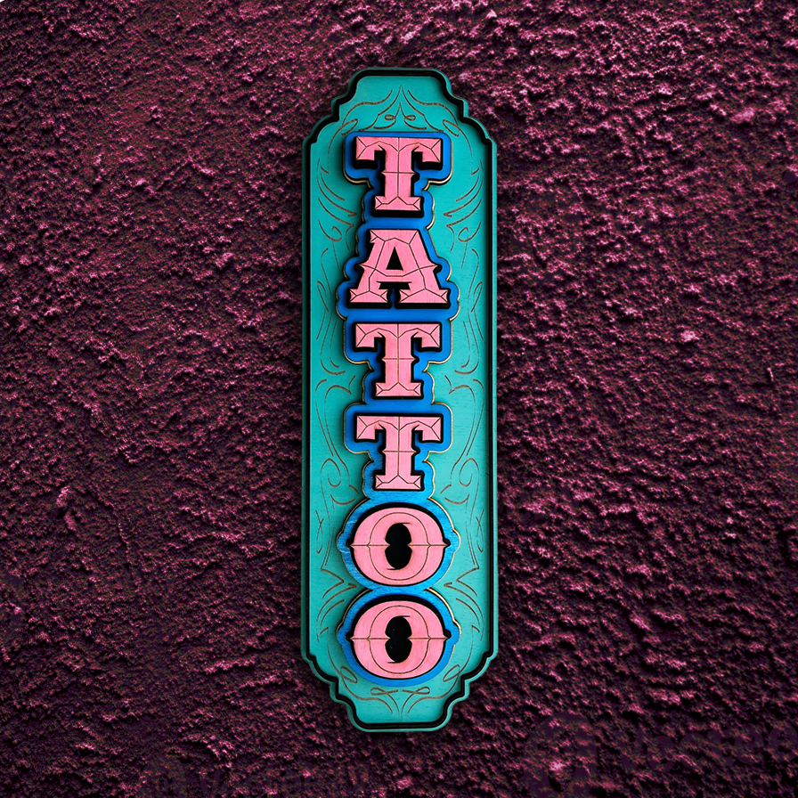 Handgemaakt gelaagd houten Guava Tattoo Sign met kleurrijke details door Lekky Studio in Twente