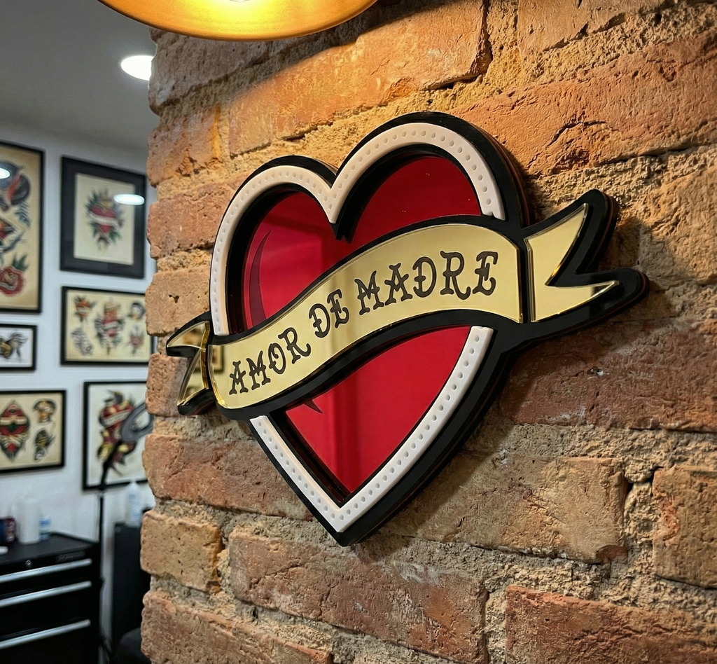 Handgemaakte Amor de Madre tattoo spiegel met personaliseerbare gouden banner door Lekky Studio in Twente.