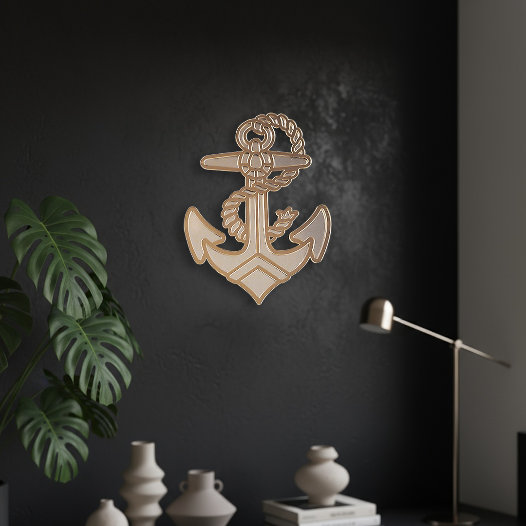 Handgemaakte anker tattoo spiegel met goud en zilver acryl details door Lekky Studio in Twente.