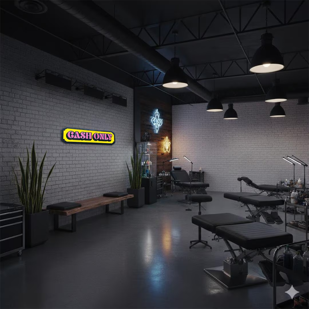 "Cash Only" bord van gelaagd hout met een retro design in roze, geel en zwart in tattoo shop muur.