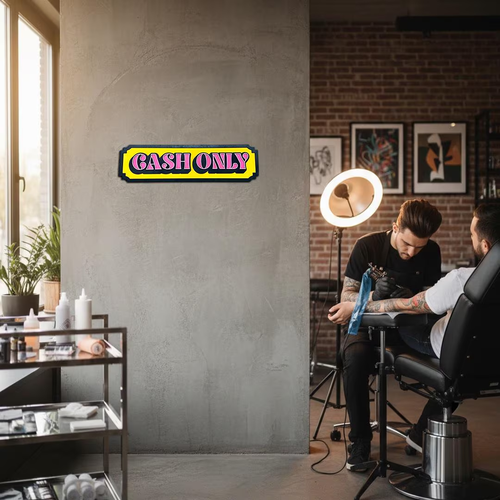 "Cash Only" bord van gelaagd hout met een retro design in roze, geel en zwart in tattoo shop muur.