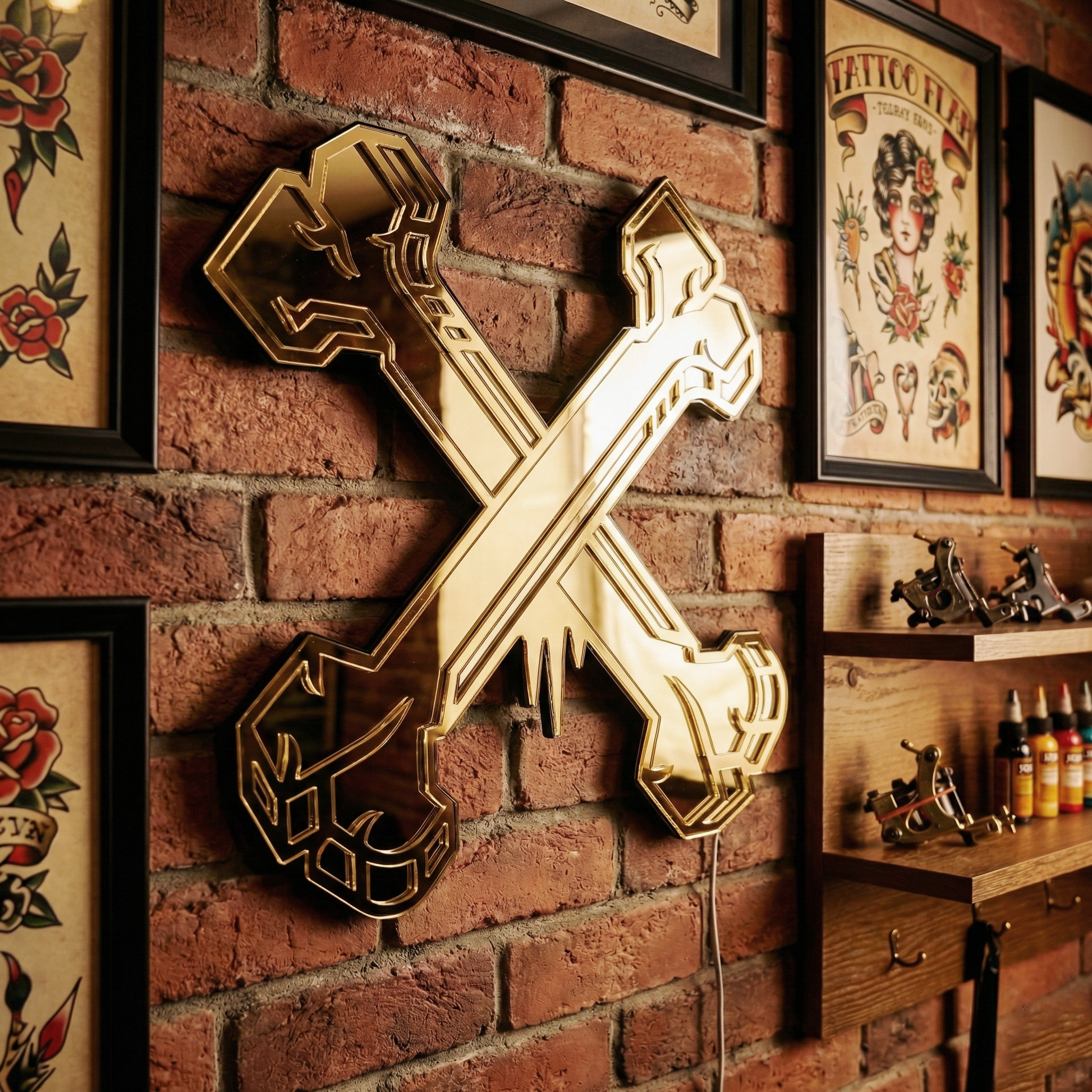 Handgemaakte gouden Crossbones tattoo spiegel met zilveren details door Lekky Studio in Twente.