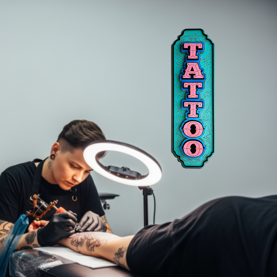 Handgemaakt gelaagd houten Guava Tattoo Sign met kleurrijke details door Lekky Studio in Twente