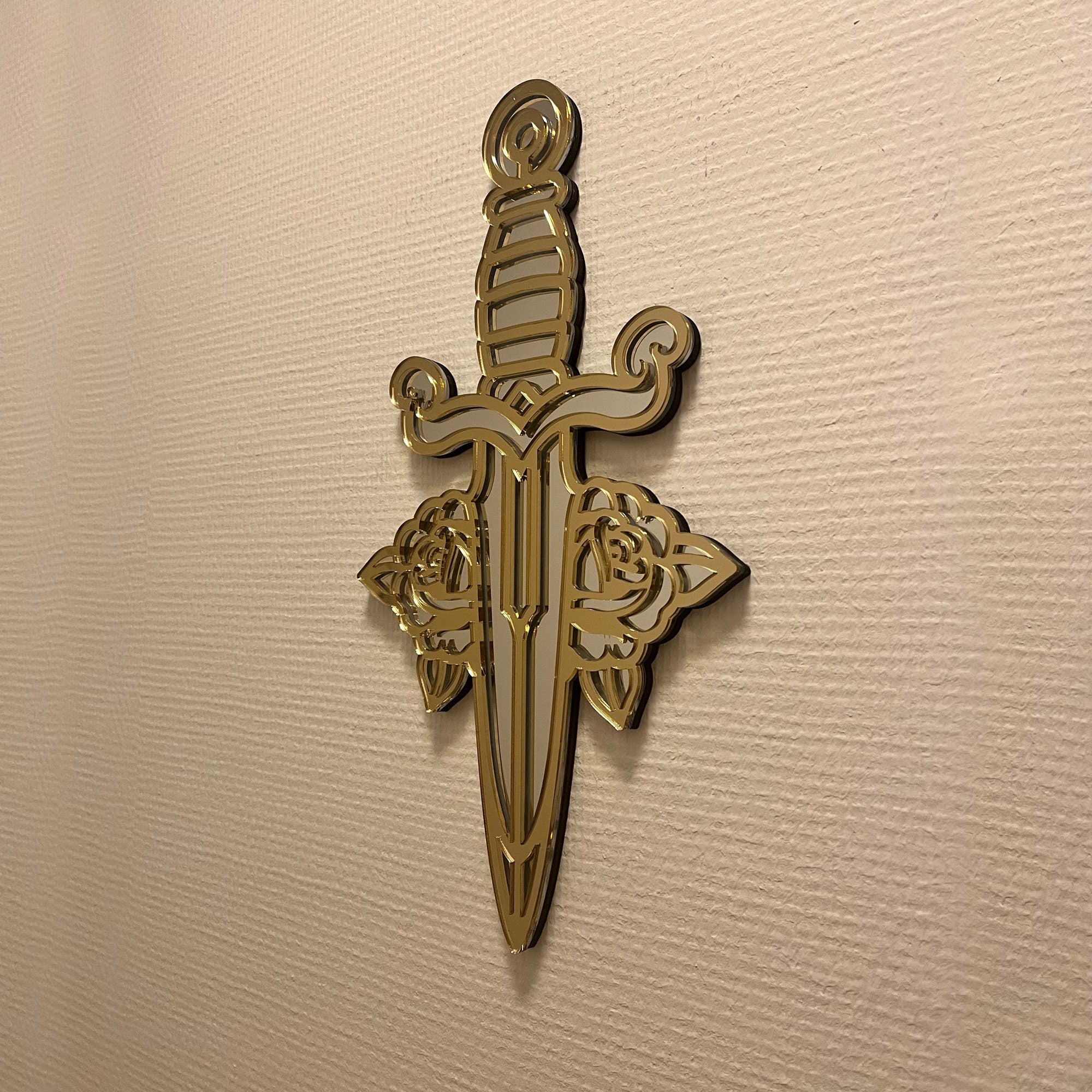 Tattoo Mirror - Dagger - Roses - Mirror - Wall Art - Wall Decor - Acrylic - Unique Wall Mirror - Knife - Golden - Silver - Flower - Blade