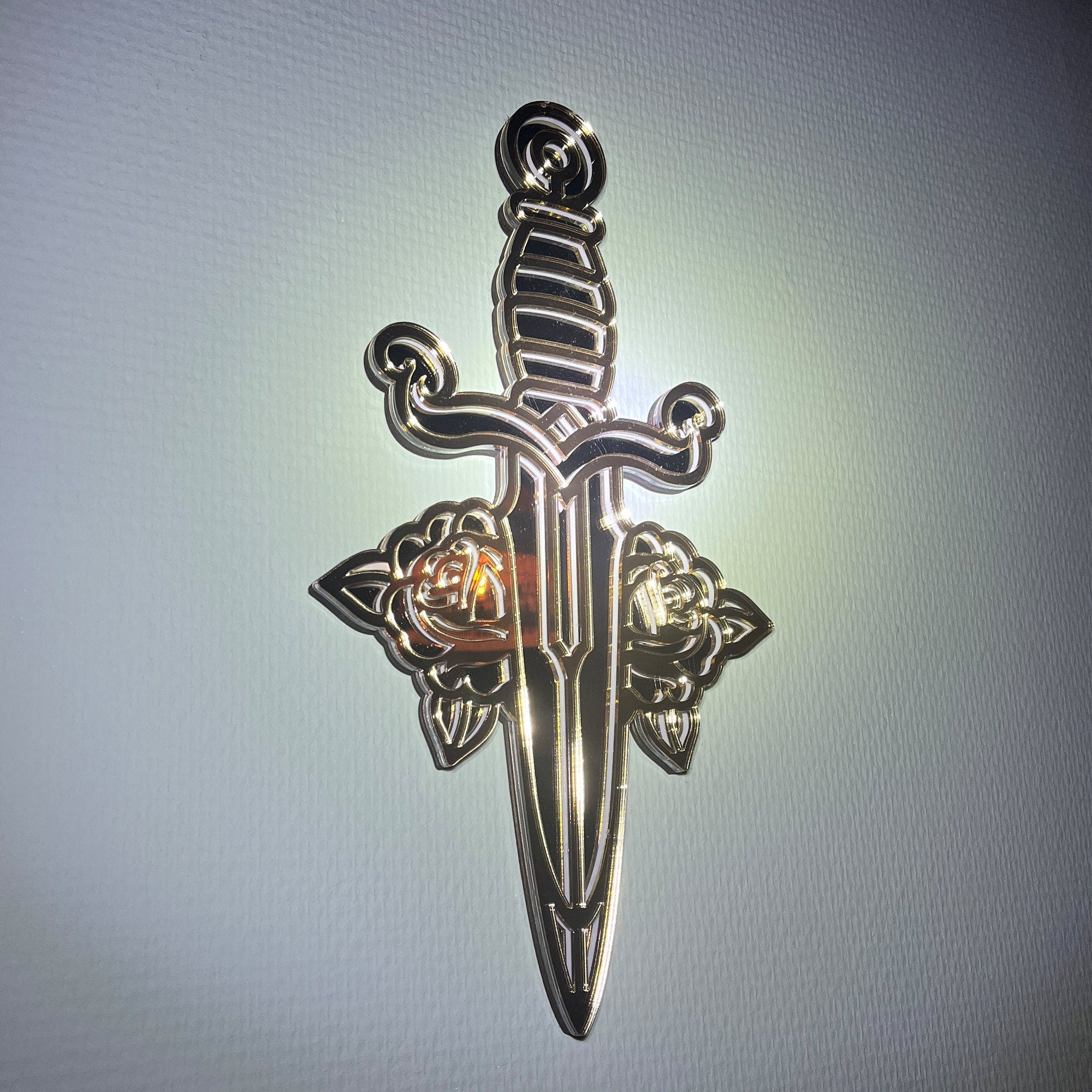 Tattoo Mirror - Dagger - Roses - Mirror - Wall Art - Wall Decor - Acrylic - Unique Wall Mirror - Knife - Golden - Silver - Flower - Blade