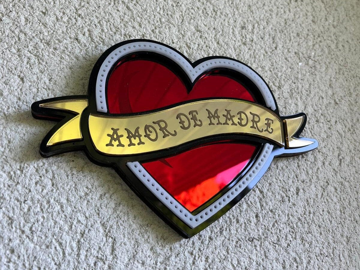 Mirror Heart Tattoo – Old School Wall Art, Unique Acrylic Decor, Retro Home Decor, Handmade Gift, Mother’s Love, Custom Engraving