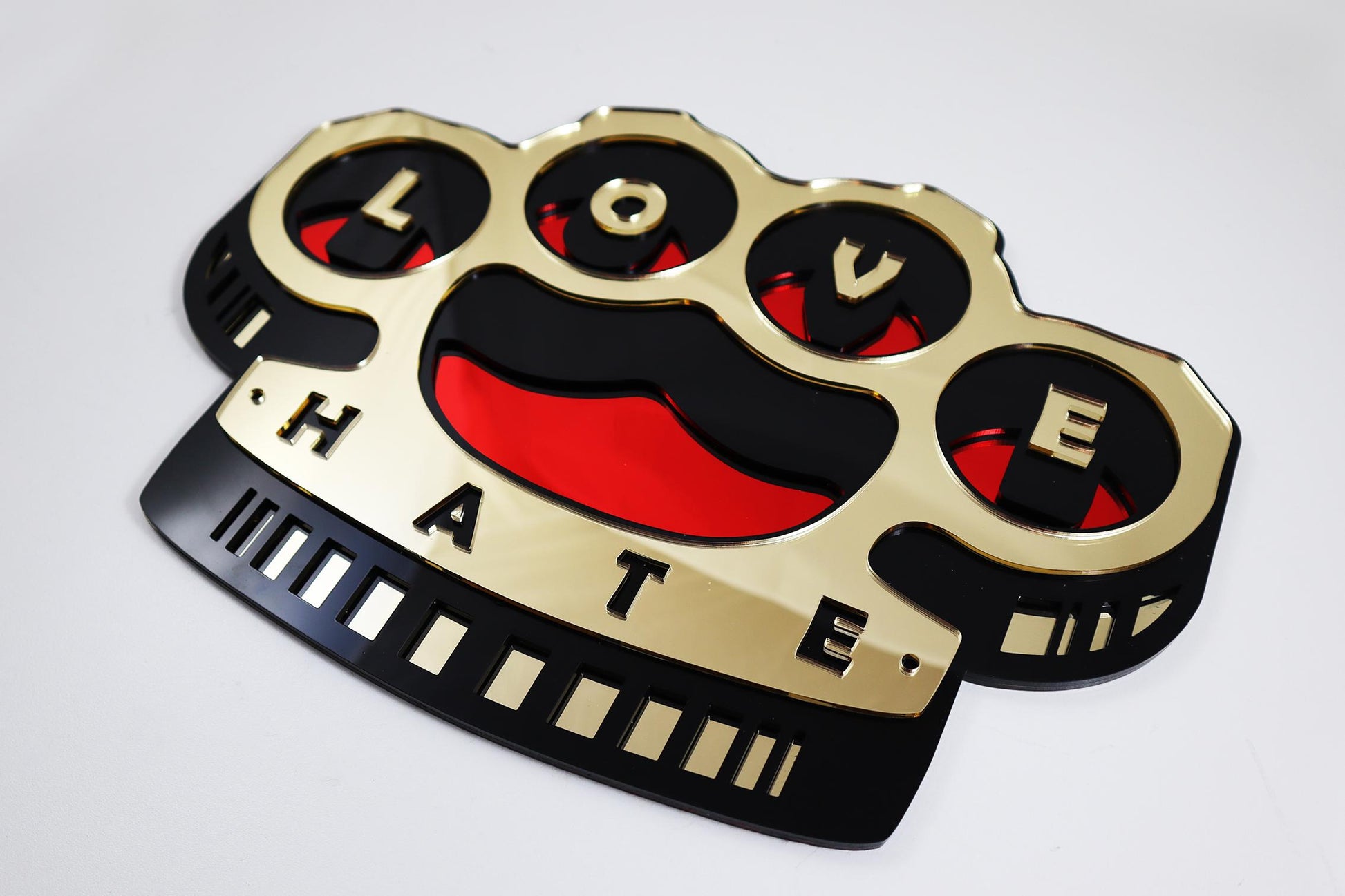 Brass Knuckles Decor LOVE HATE Mirror Golden Red Black– Handcrafted Art Piece - Wall Decor - Wall Art - Unique -