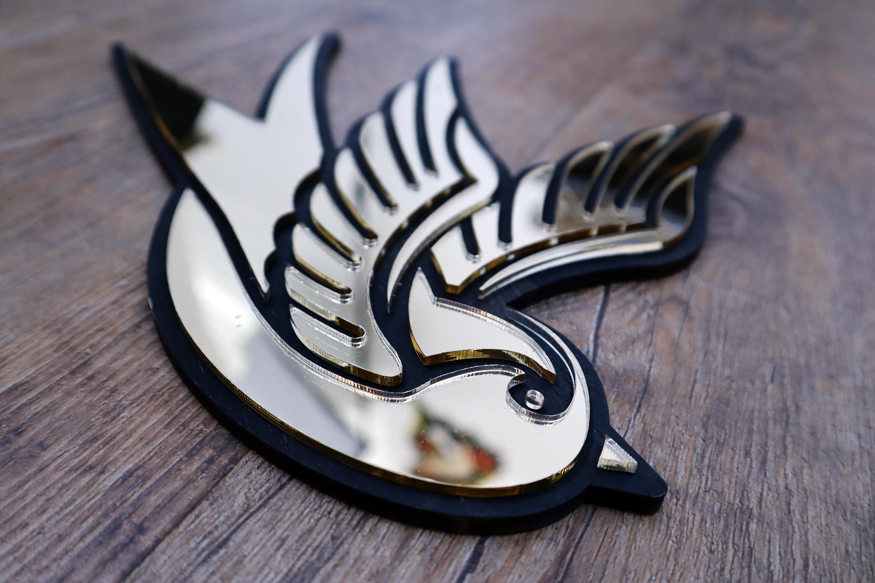 Swallow Gold Black Mirror Tattoo, Original laser cut, hand painted, made to order, wall art, designed & handcrafted in the Netherlands
