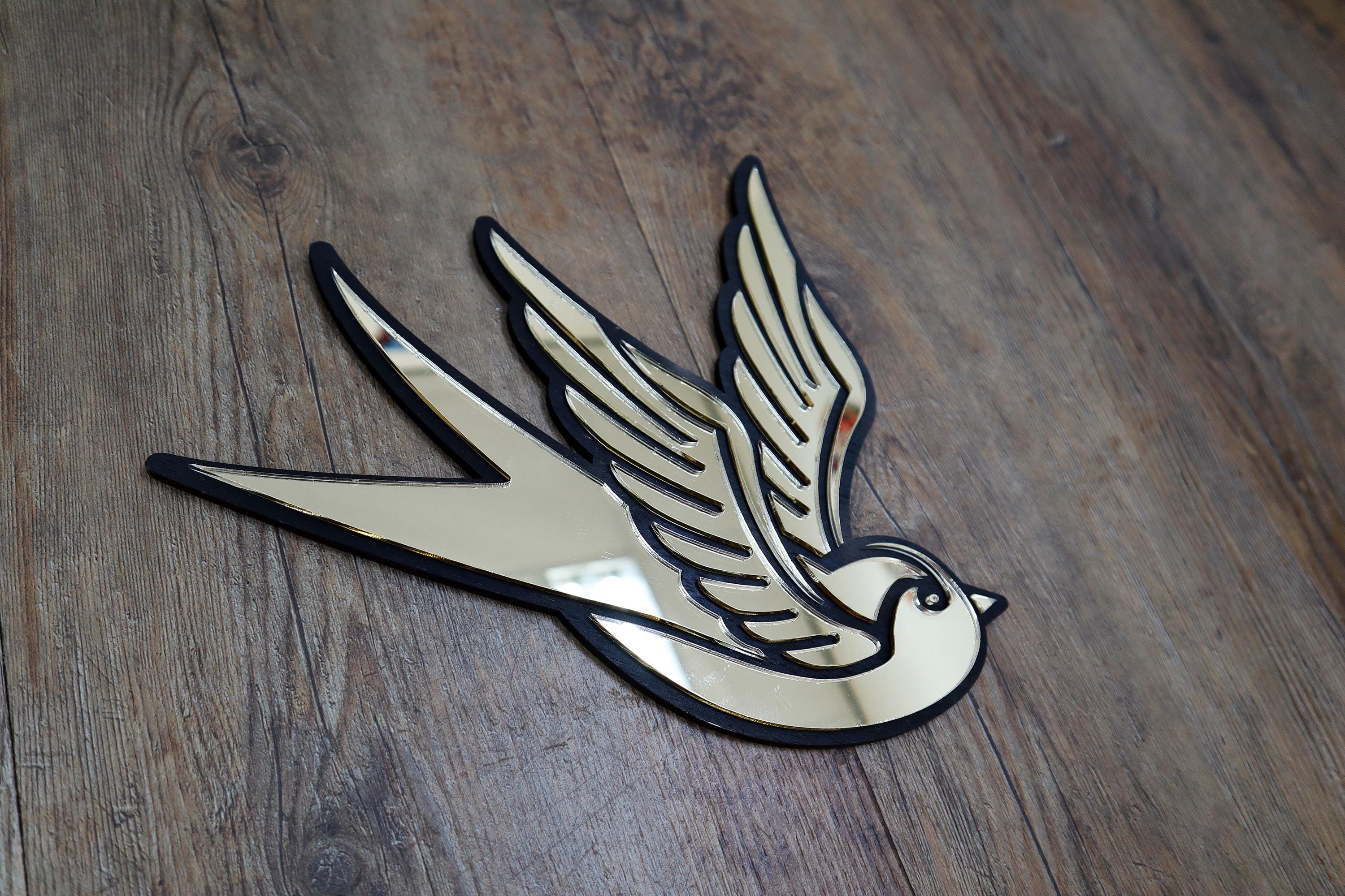 Swallow Gold Black Mirror Tattoo, Original laser cut, hand painted, made to order, wall art, designed & handcrafted in the Netherlands