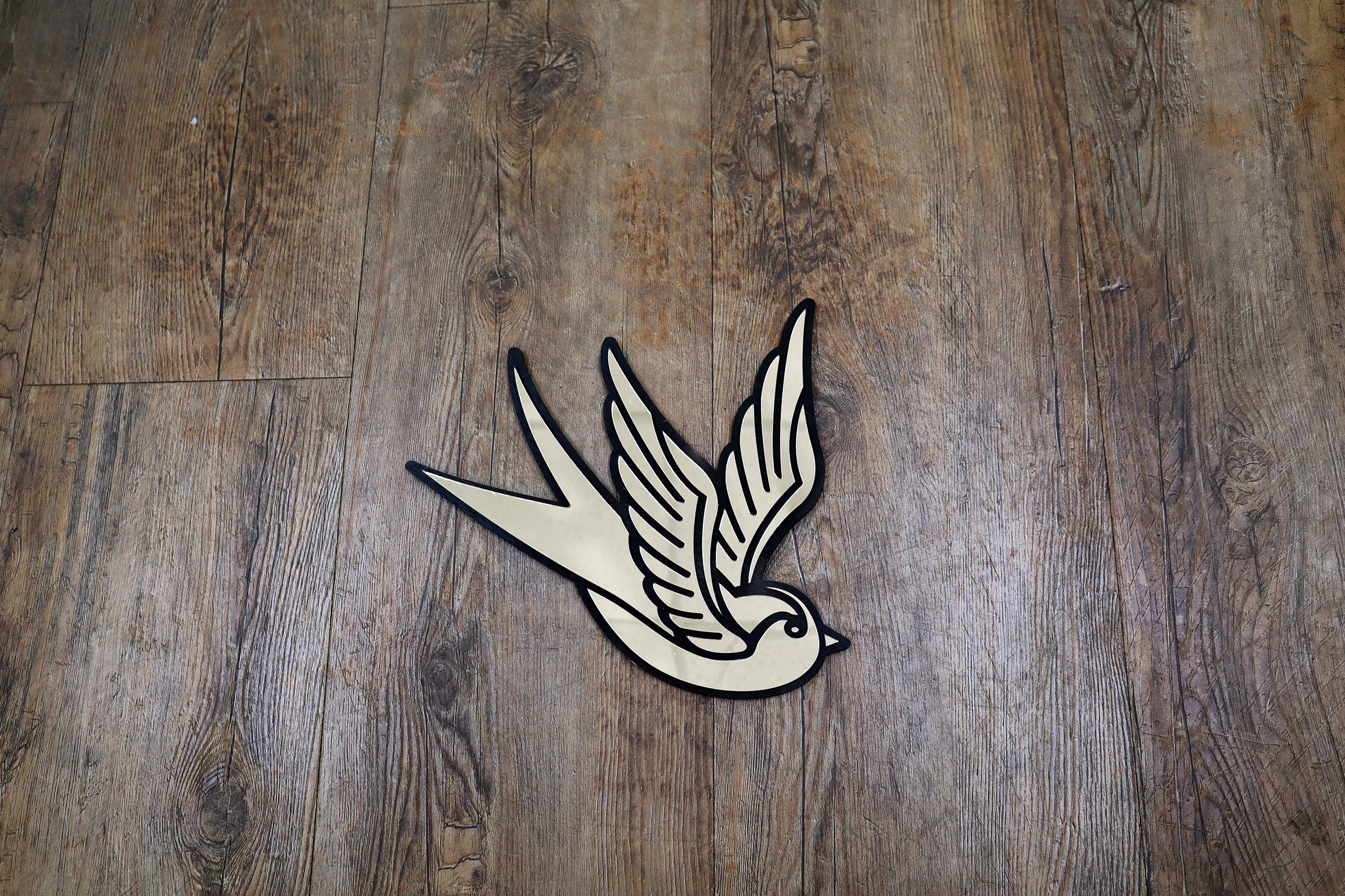 Swallow Gold Black Mirror Tattoo, Original laser cut, hand painted, made to order, wall art, designed & handcrafted in the Netherlands