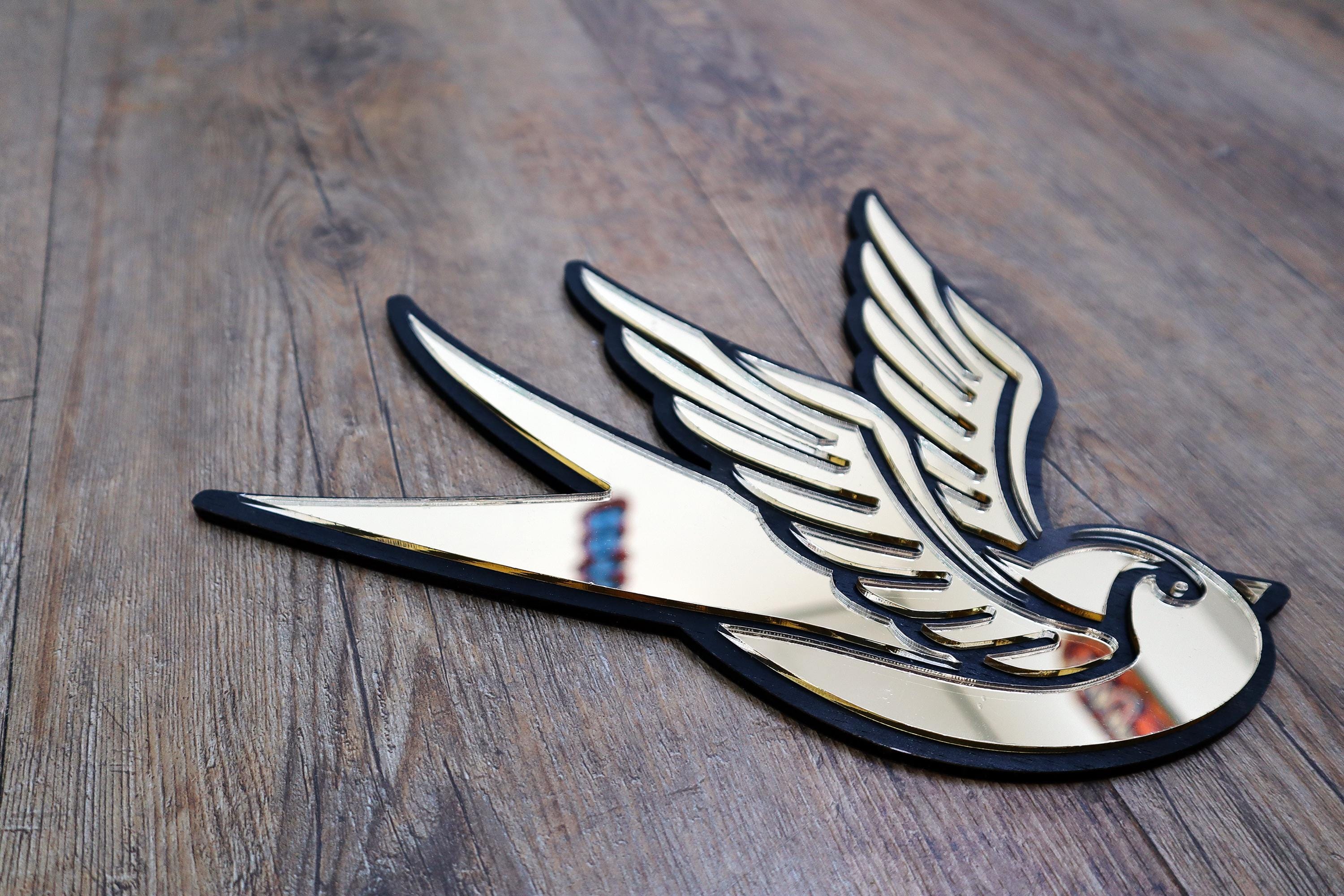 Swallow Gold Black Mirror Tattoo, Original laser cut, hand painted, made to order, wall art, designed & handcrafted in the Netherlands