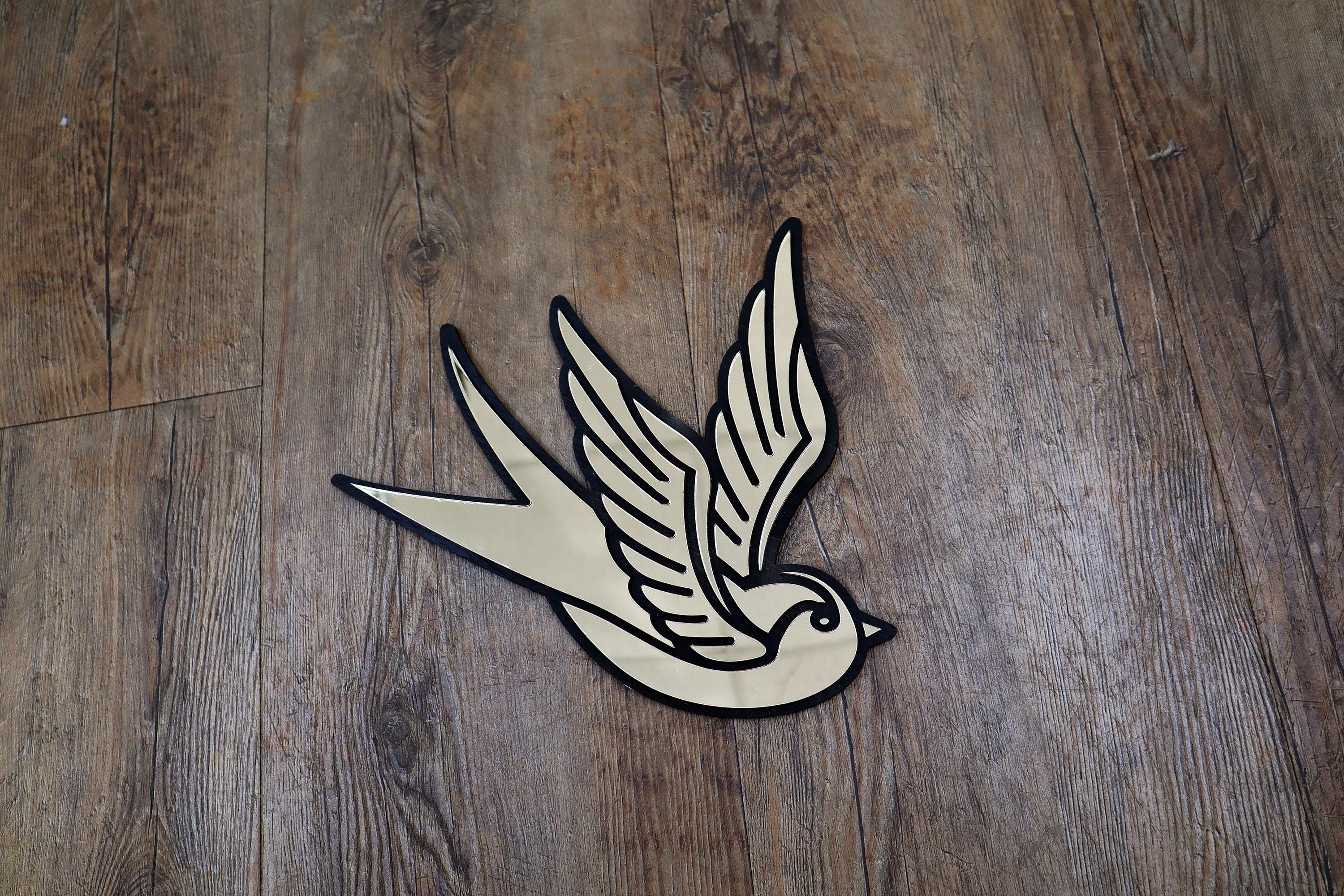 Swallow Gold Black Mirror Tattoo, Original laser cut, hand painted, made to order, wall art, designed & handcrafted in the Netherlands