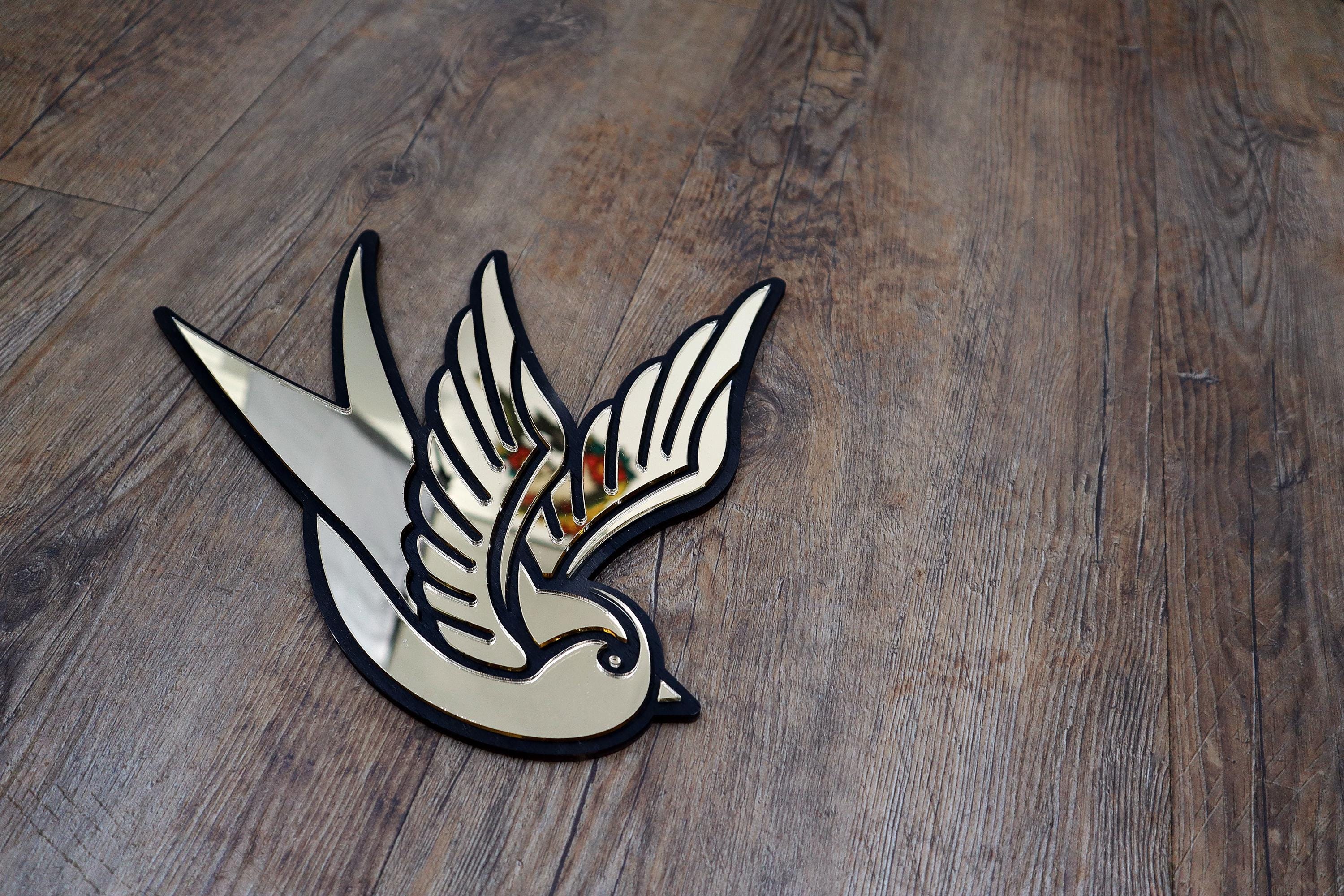 Swallow Gold Black Mirror Tattoo, Original laser cut, hand painted, made to order, wall art, designed & handcrafted in the Netherlands