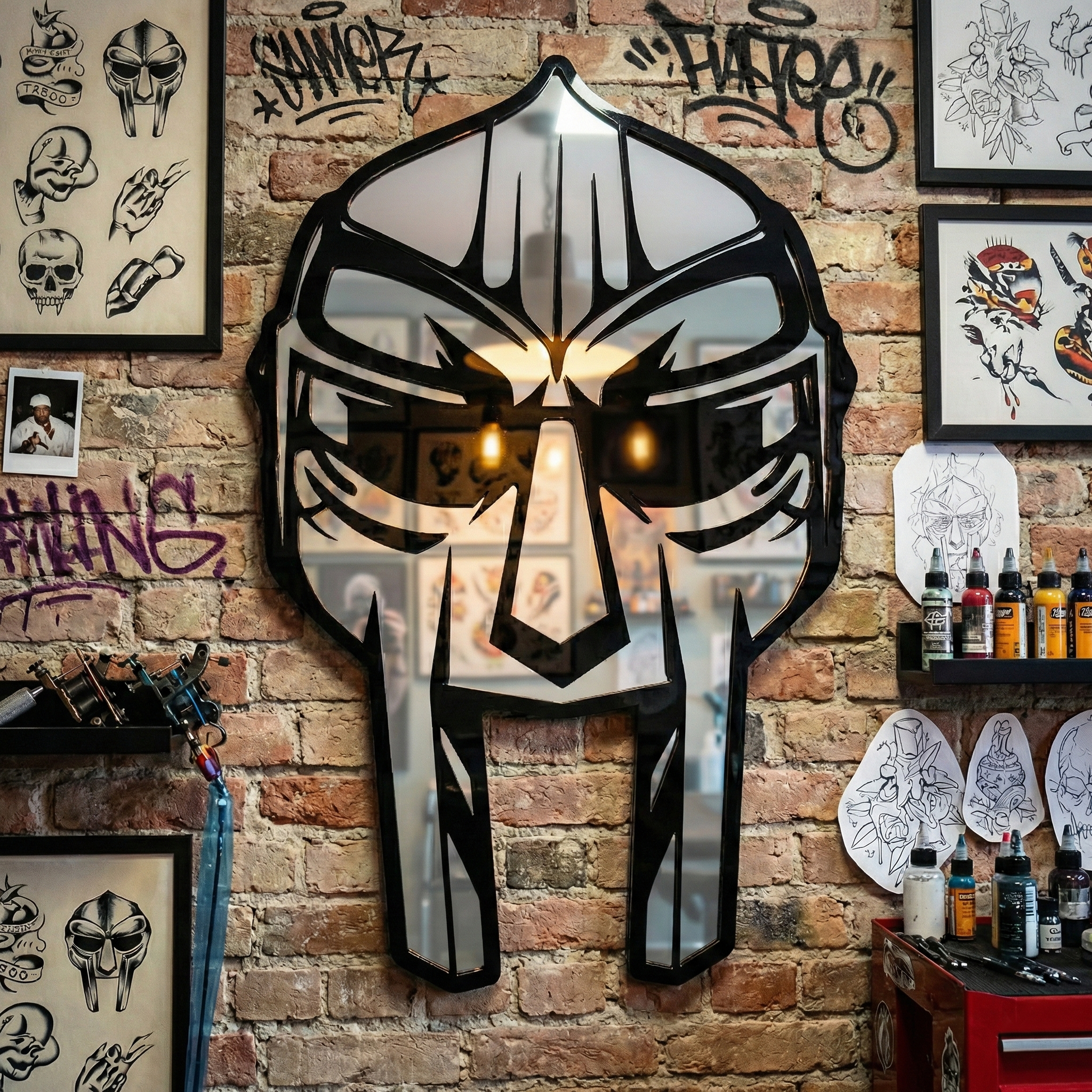 MF Doom Mirror Mask | Handgemaakt Hip Hop Wandbord