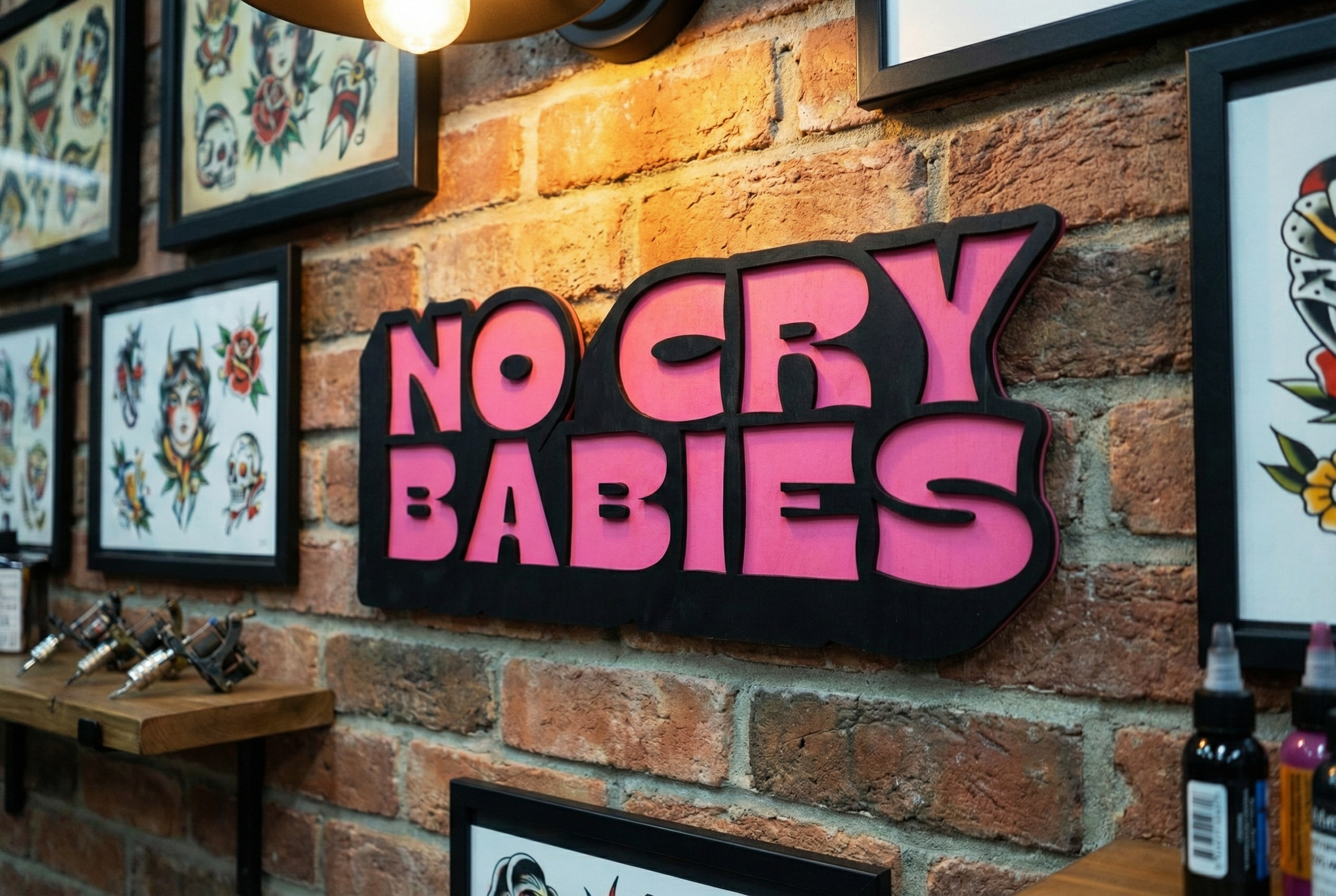 Handgemaakt gelaagd houten wandbord No Cry Babies door Lekky Studio in Twente.