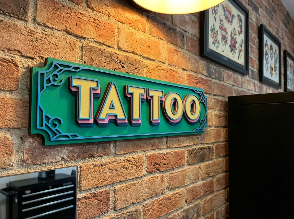 tattoo_sign_vintage_gelaagd_houten_wandbordHandgemaakt gelaagd houten Tattoo Sign in vintage stijl door Lekky Studio in Twente.