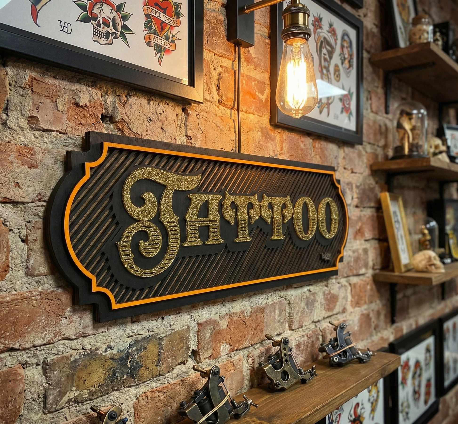 Handgemaakt houten Tattoo Sign met goud glitter acryl letters door Lekky Studio in Twente.