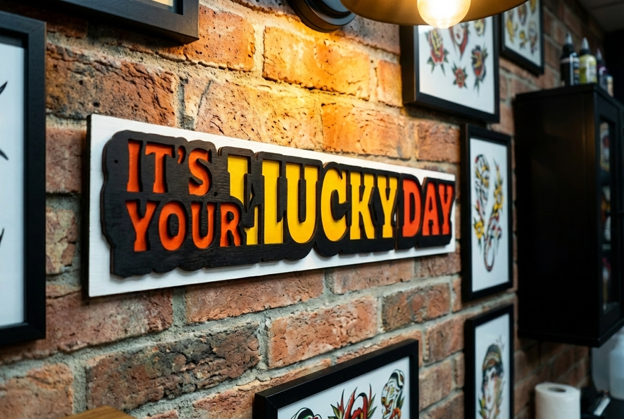 Handgemaakt houten wandbord It’s Your Lucky Day met handgeschilderde details door Lekky Studio in Twente.