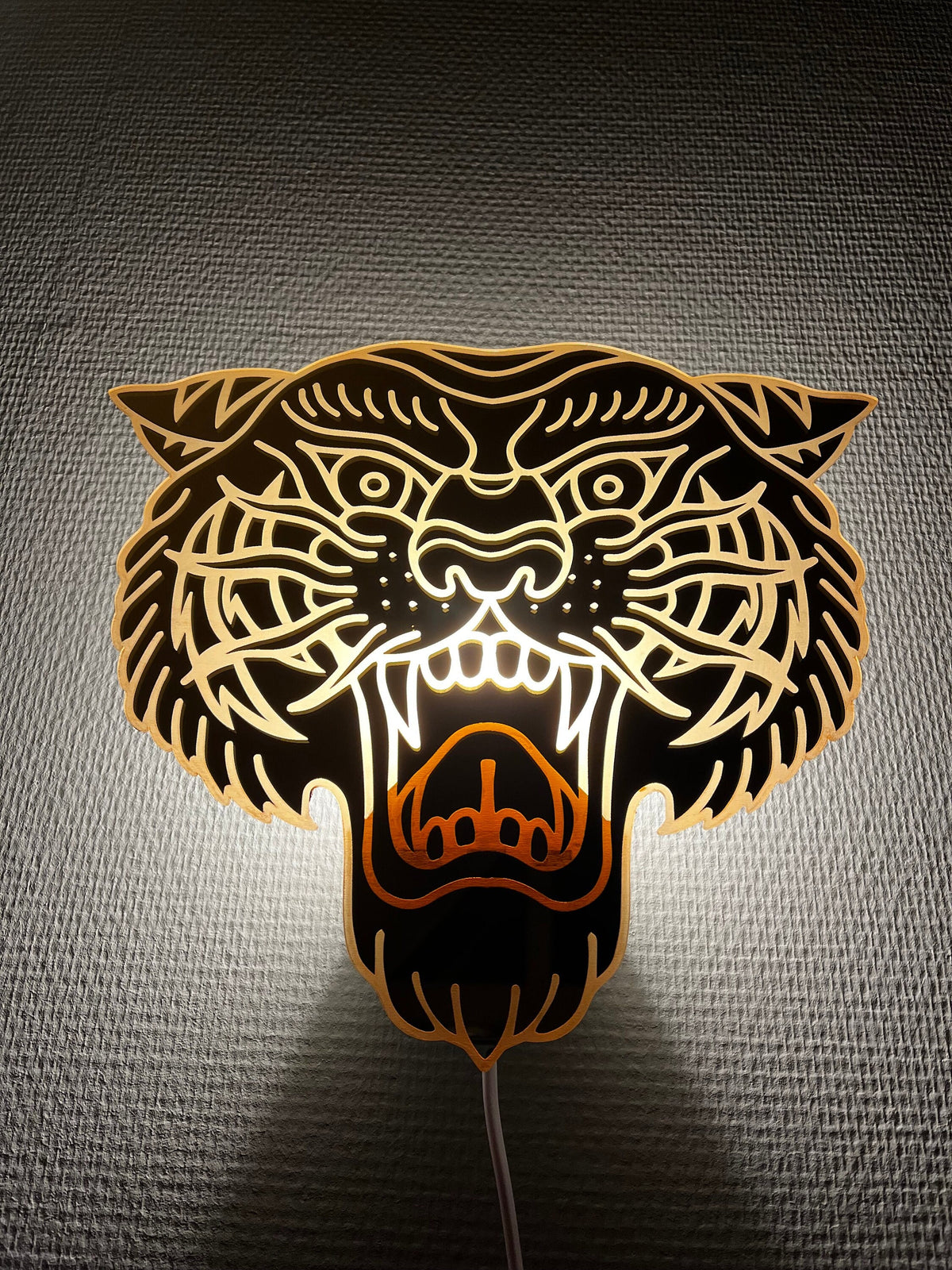 Tattoo Tiger Lamp 'Way of the Tiger' – handcrafted wall lamp with bold tiger tattoo design, unique decor by Lekky Studio